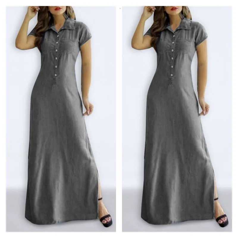 Europe And America Cross Border New Long Dress Shirt Collar Split Pocket Large Swing Dress Large Casual Denim DressXJ260318