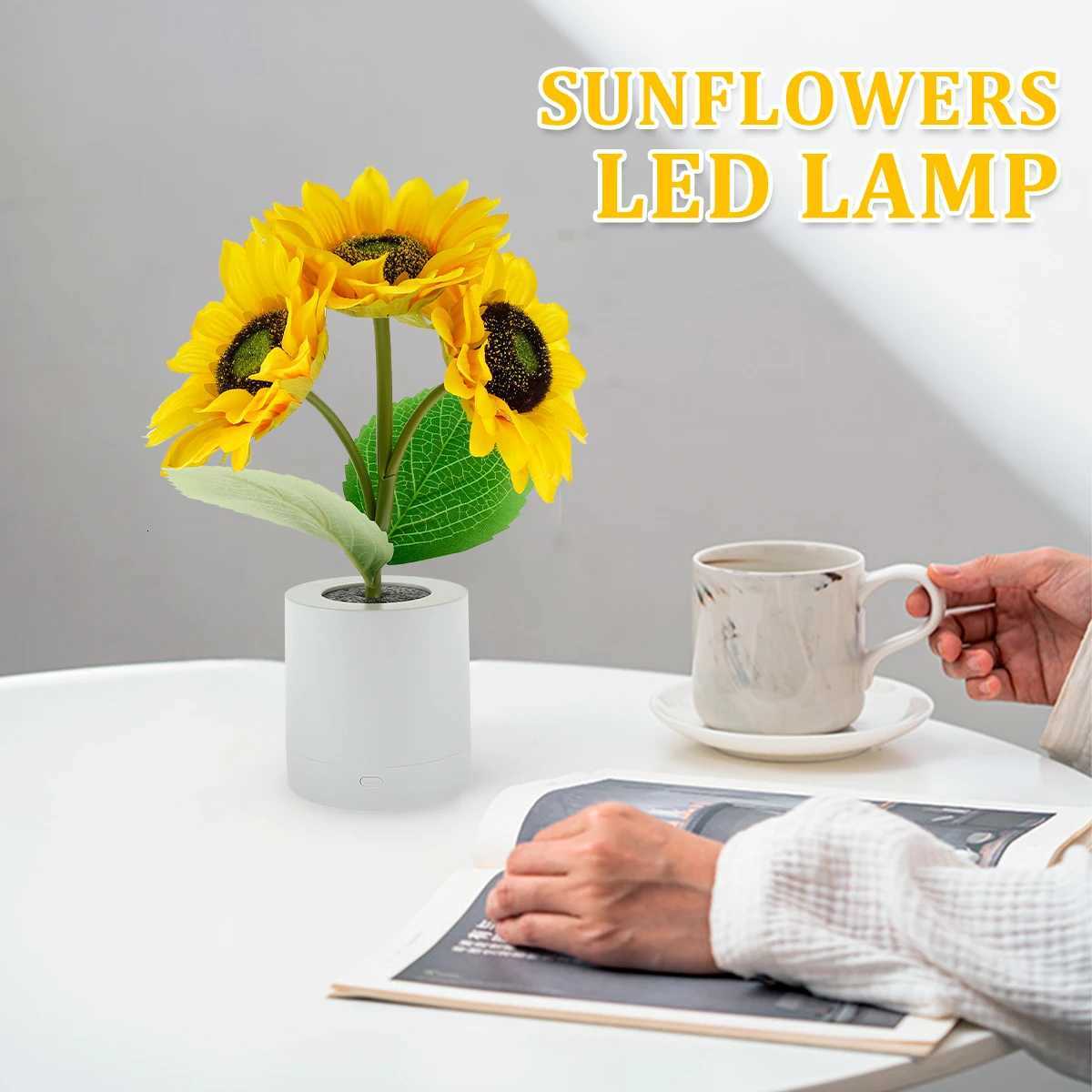 LED Sunflower Night Light Dimmable Simulation Sunflower Table Lamp USB Creative Desktop Decorative Light Bedroom Bedside Light H260318