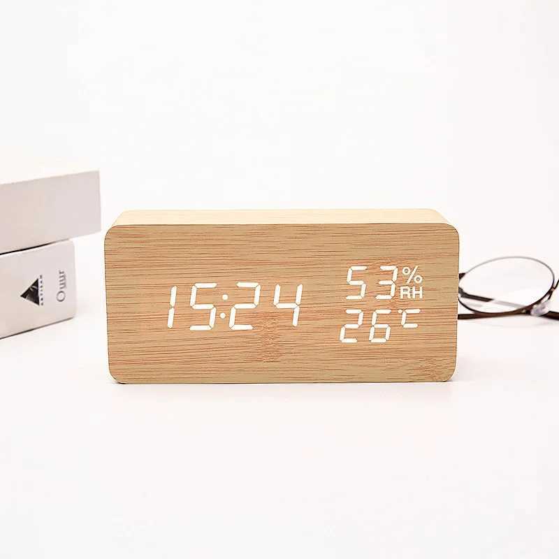Voice Control Wood Digital Alarm Clock TEMP Humidity Date Night Mode Table Clock 3 Alarms Power Outage Memory 12/24H LED Clock D260318