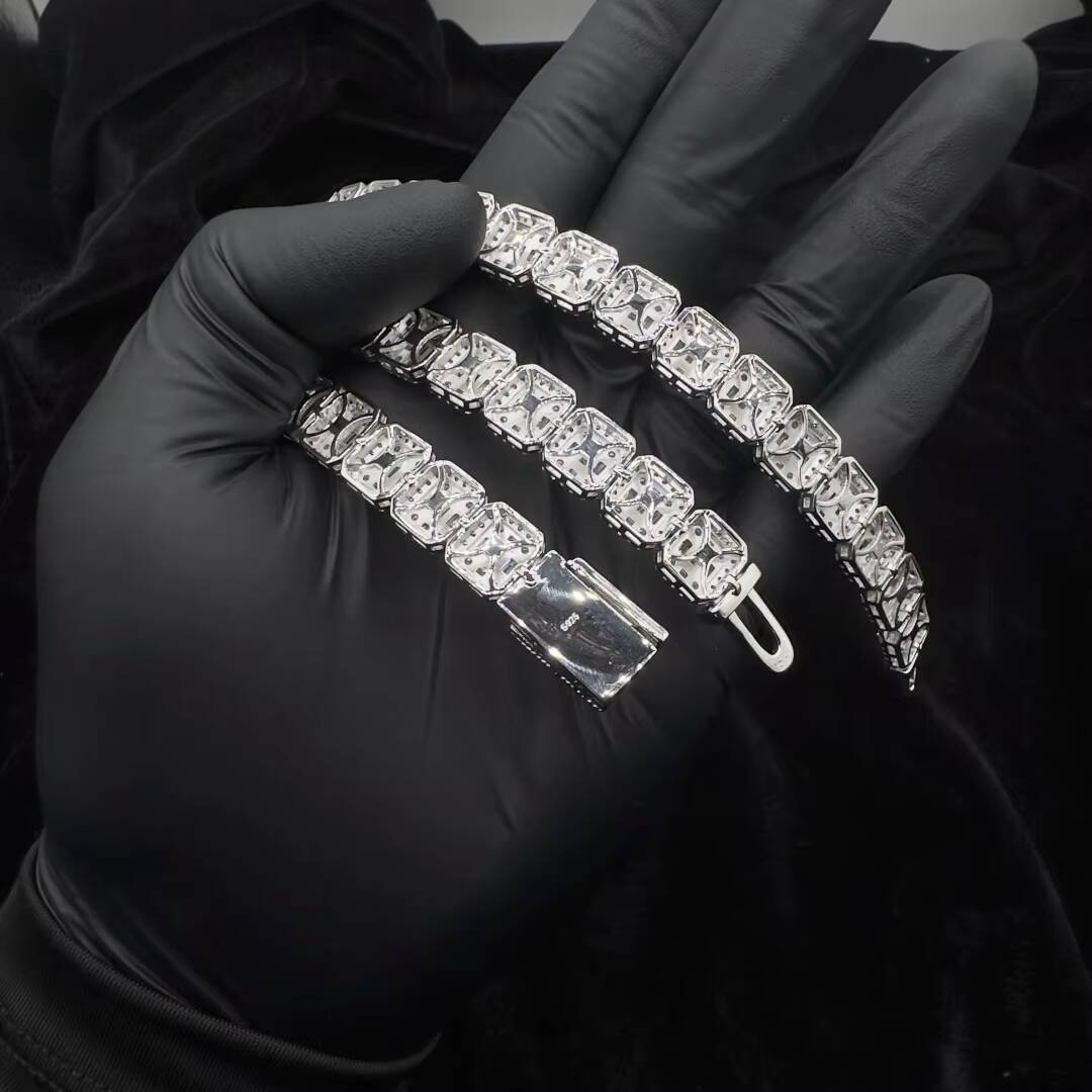 Jewelry Fashion Jewelry Chain 10mm/12mm 925silver Moissanite Hiphop Bracelet Necklace with Square Tennis Chain