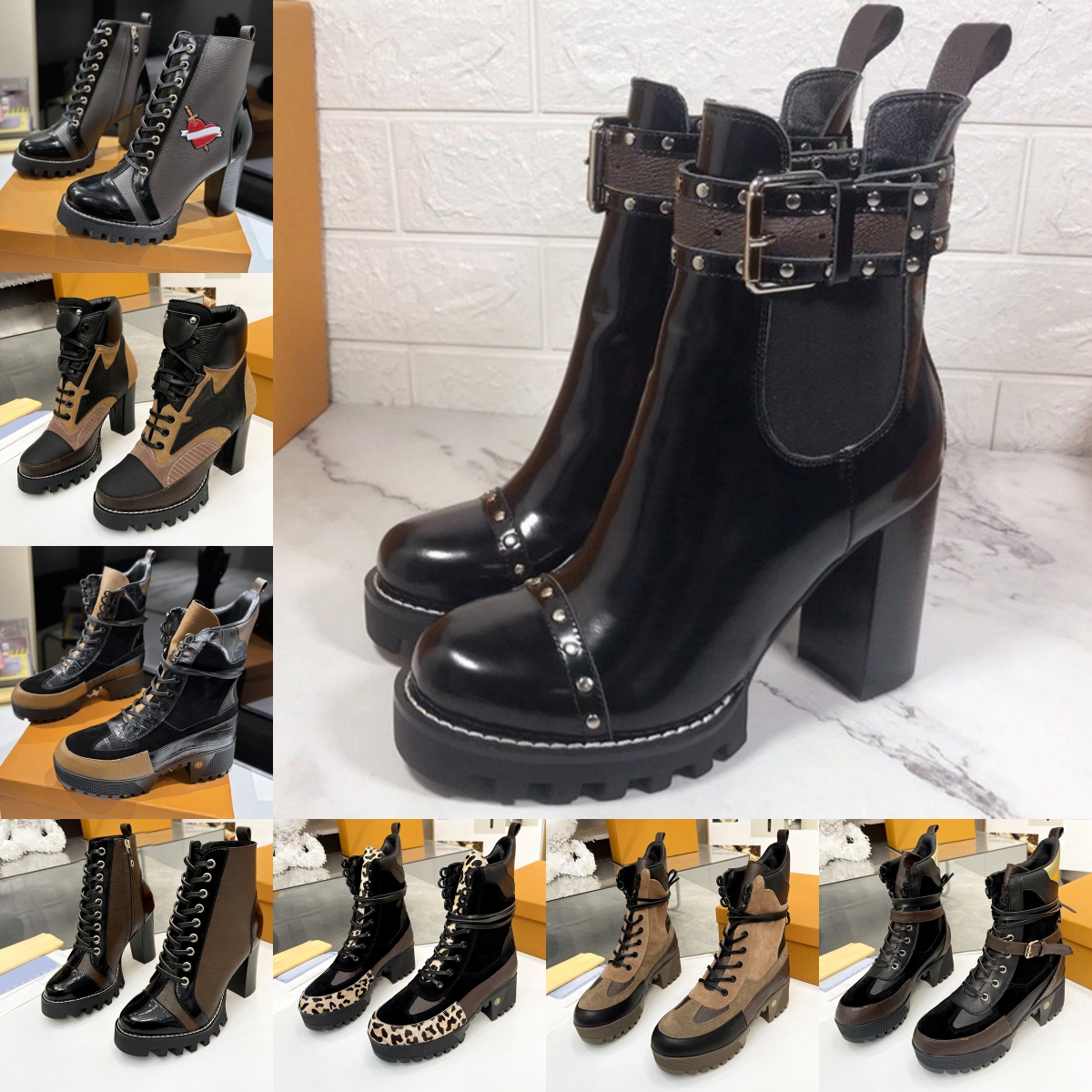 Designer classic Woman boots Fashionable desert denim leather winter Platform rubber high heels Short boot Thick laureates PLATFORM Ankle Half booties