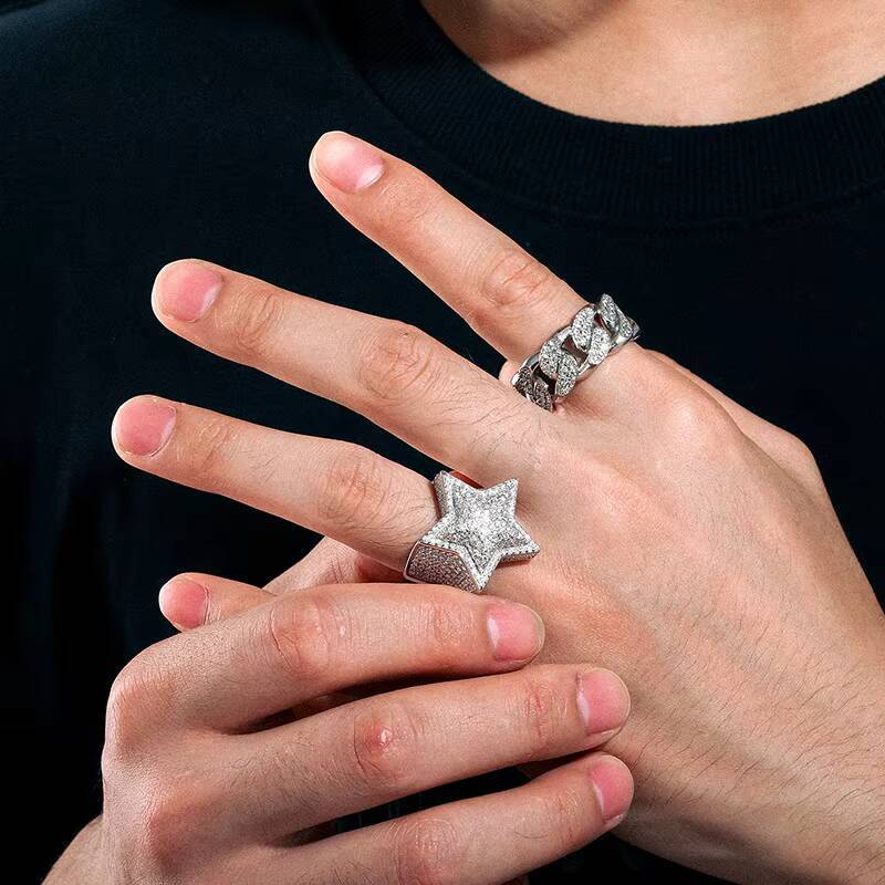 Hiphop Mens Womens Fine Jewelry Iced Gold Plated 925 Sterling Silver VVS Moissanite Diamond Star Ring with GRA Certificate