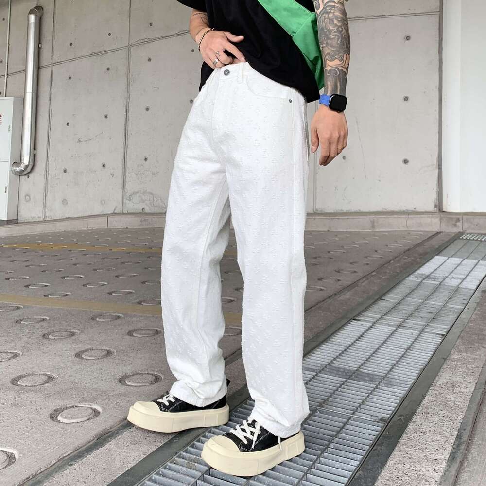 American-Style Jacquard Full-Print Jeans For Men, Summer Trendy Brand, Loose Straight-Leg Washed Casual Pants, Men's Thin Clothing