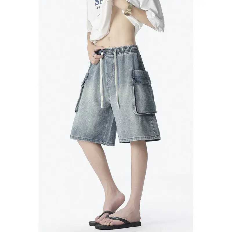 Mens Washed Denim Cargo Shorts Elastic Waistband Side Large Pockets Casual Summer Fashion Comfort Utility Workwear Street Style M260318