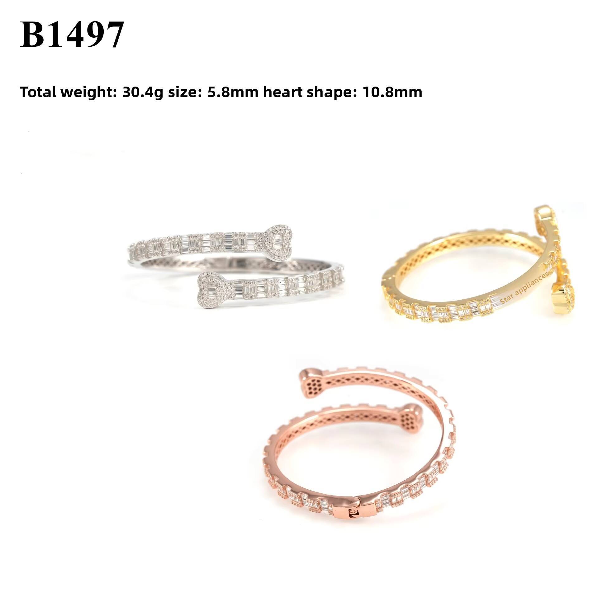 S925 Sterling Sliver Love Heart Design Hip Hop Iced Out VVS Baguette Moissanite Open Bracelet for Women Fine Jewelry