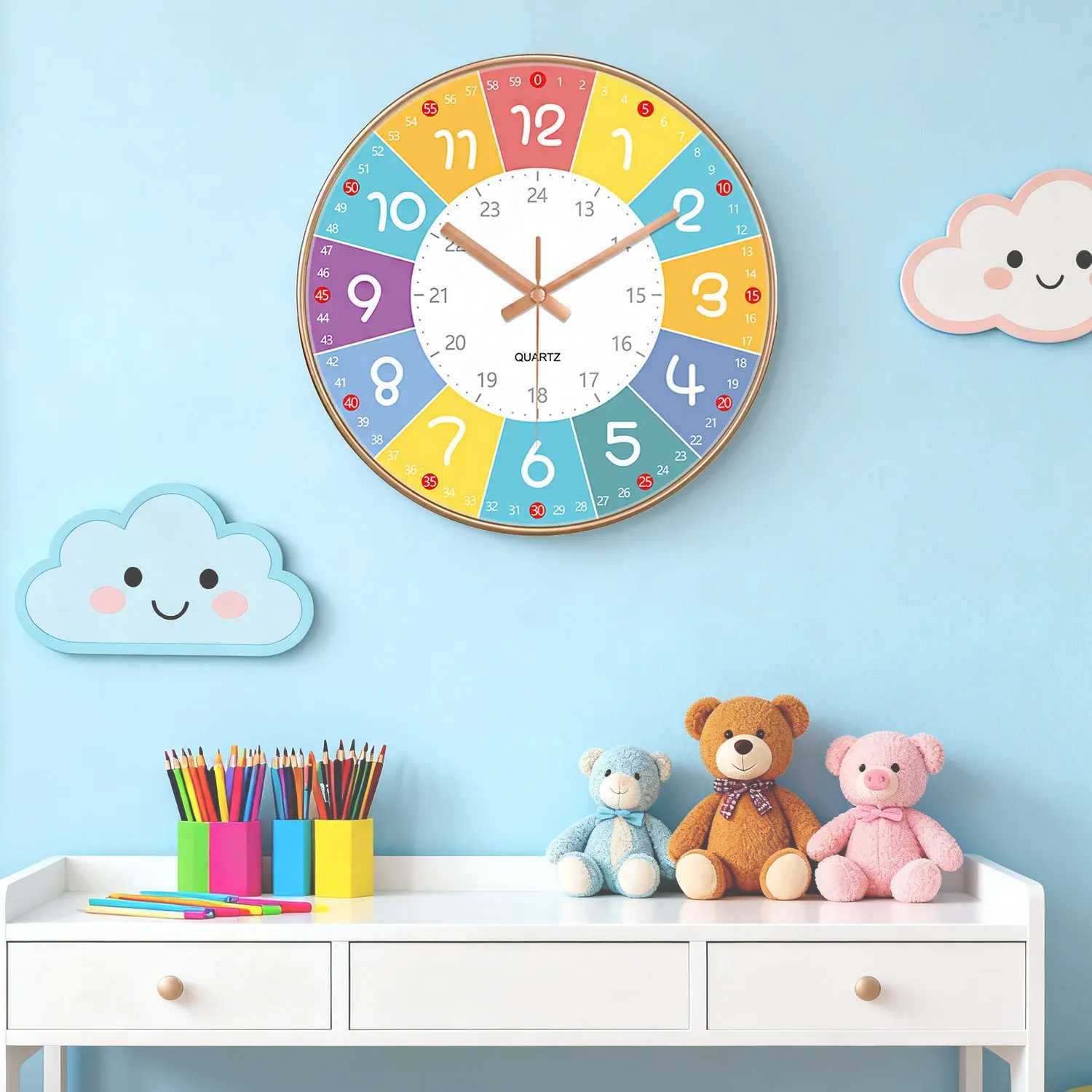 Early Education Silent Wall Clock Living Room Kids Bedroom Clock Non Ticking Analog Clock Time Teaching Wall Clock 8/10/12 Inch D260318