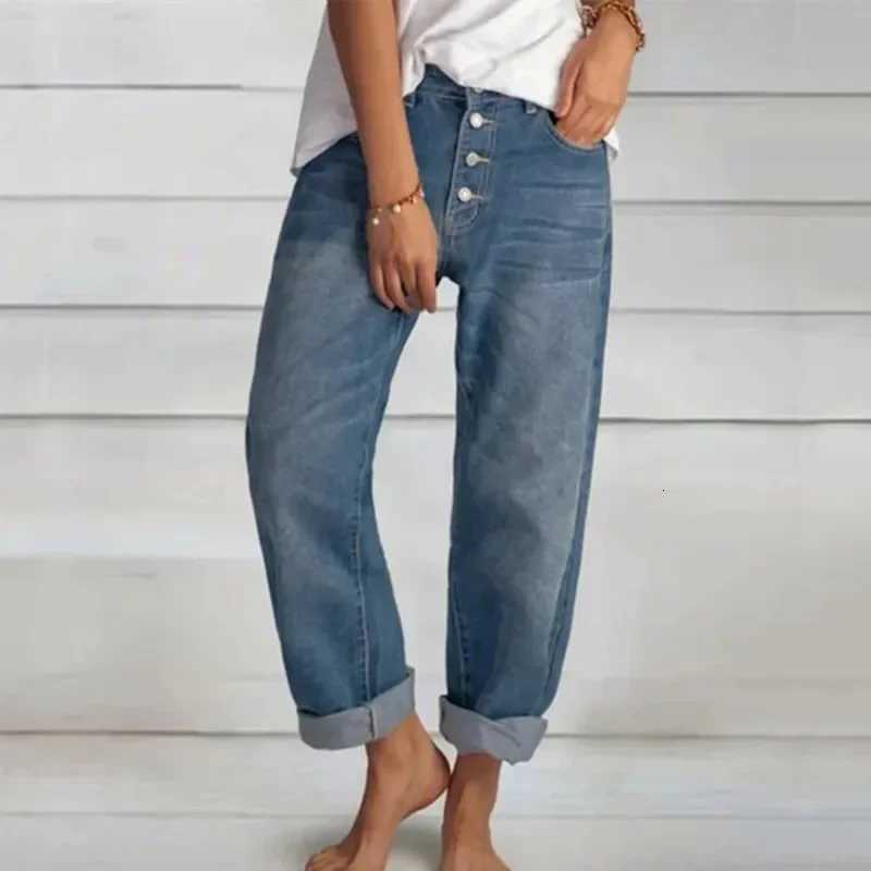 New Women Versatile Simple Denim Pants High Waist Single-breasted Splicing Straight Jeans Female Loose Casual Washable TrousersT260317