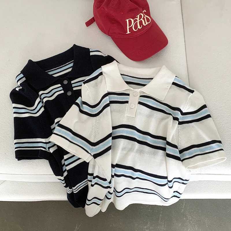 Polo collar knitted shirt short sleeved womens summer front shoulder loose slimming T-shirt Korean casual versatile topT260317