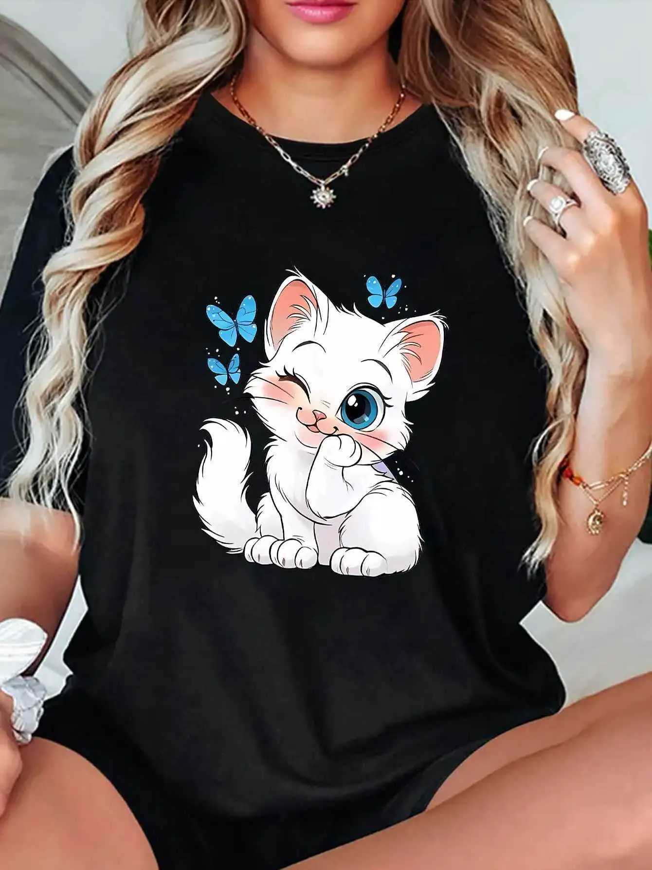 Women Summer Print T Shirt Short Sleeve Round Neck Cute Cartoon Kitten Butterfly Graphic Tees for Casual Daily WearT260317