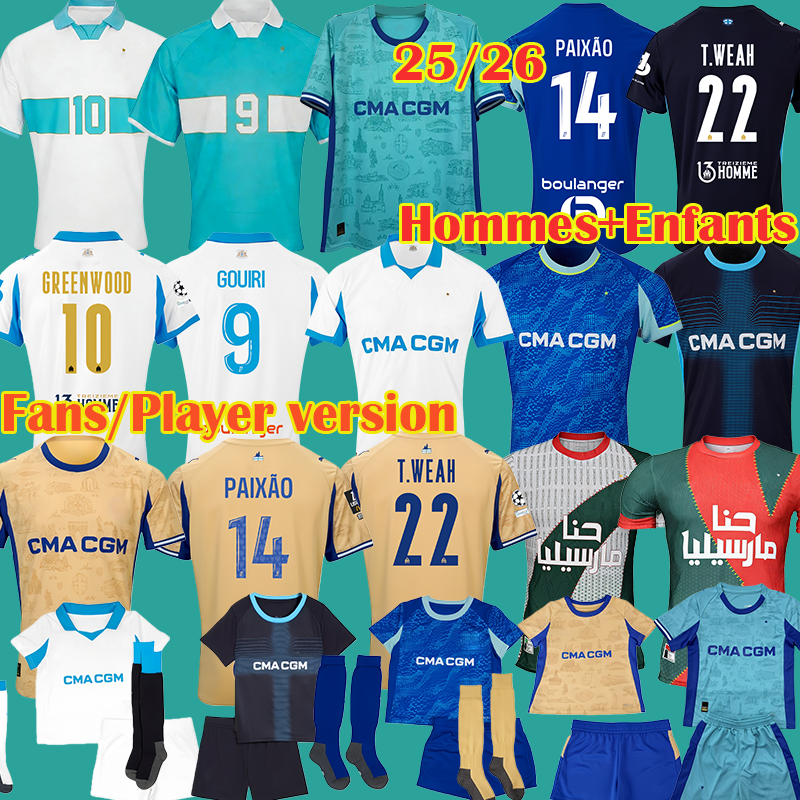25 26 Marseile Soccer jerseys ABDELLI GOUIRI Maillot 2025 2026 GREENWOOD Player Version RABIOT Maillots de foot OM Retro King Kit 125TH HOJBJERG Kids Tops