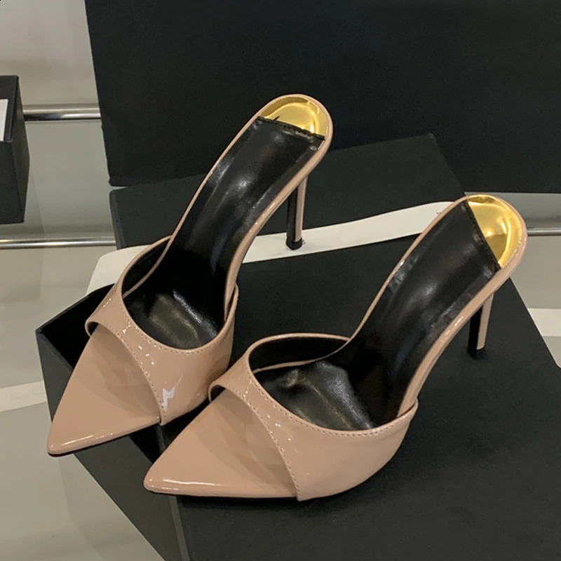 Liyke Summer White Patent Leather Women Slippers Sandals Sexy Leopard Print Pointed Toe Mules High Heels Party Stripper Shoes 260318
