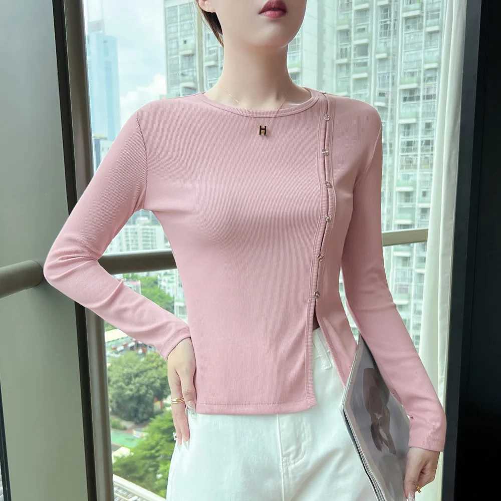 Korean style pink long sleeved T-shirt for womens autumn new high-quality cotton fashion plus size irregular casual topT260317