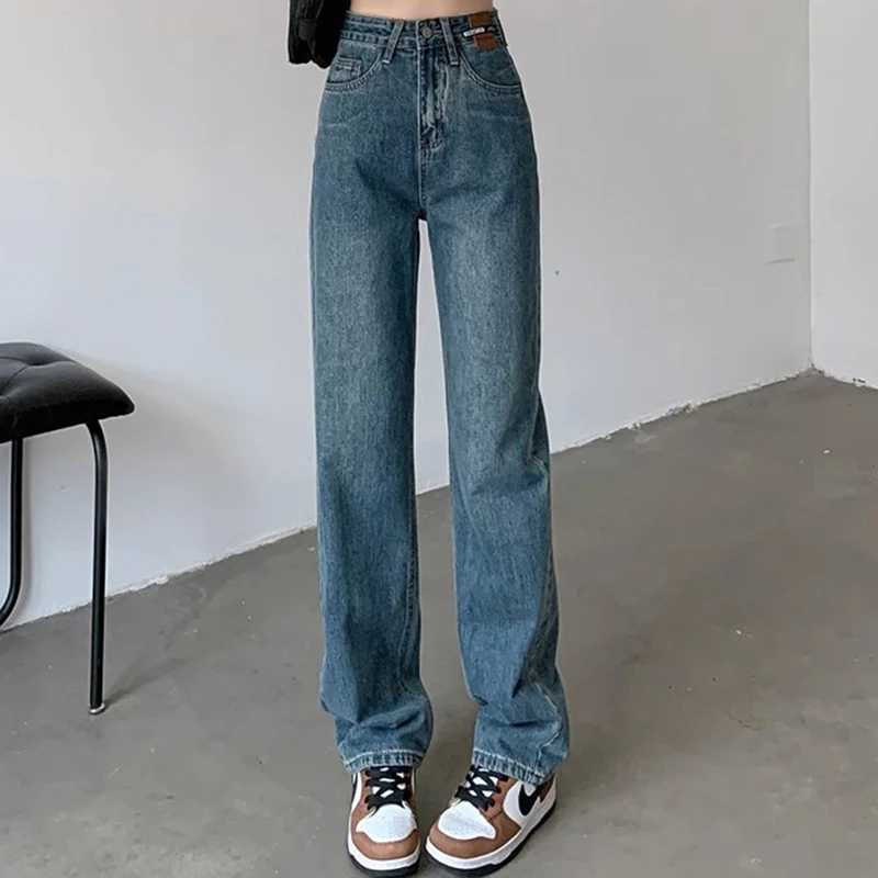 Female High Waist Narrow Wide Leg Jeans Lady Vintage Oversized Denim Straight Leg Pants Female Retro Blue Black Stacked TrousersT260317