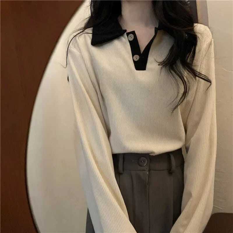 Casual Women T-shirts Korean Fashion Sweet Preppy Style Tops Female Autumn Long Sleeve Turn Down Collar Basic Pullovers TeesT260317
