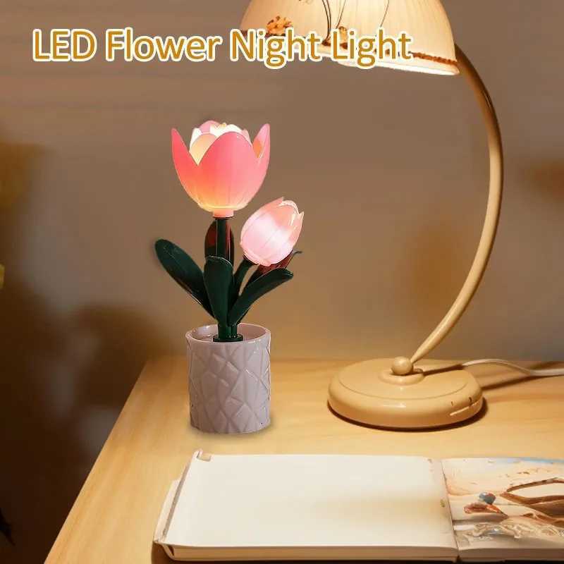 Creative Ornament Tulip Flower Sea Building Blocks Night Light Handmade Rose Ornament LED Atmosphere Desk Lamp H260318