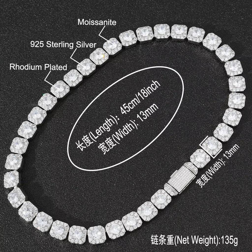 BES Custom 13mm 925 Sterling Silver Morganite Ice Sugar Chain Necklace Cuban Chain Party Fashionable Hip-hop Jewelry