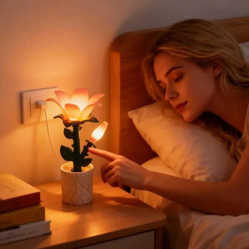 Creative Ornament Tulip Flower Sea Building Blocks Night Light Handmade Rose Ornament LED Atmosphere Desk Lamp H260318