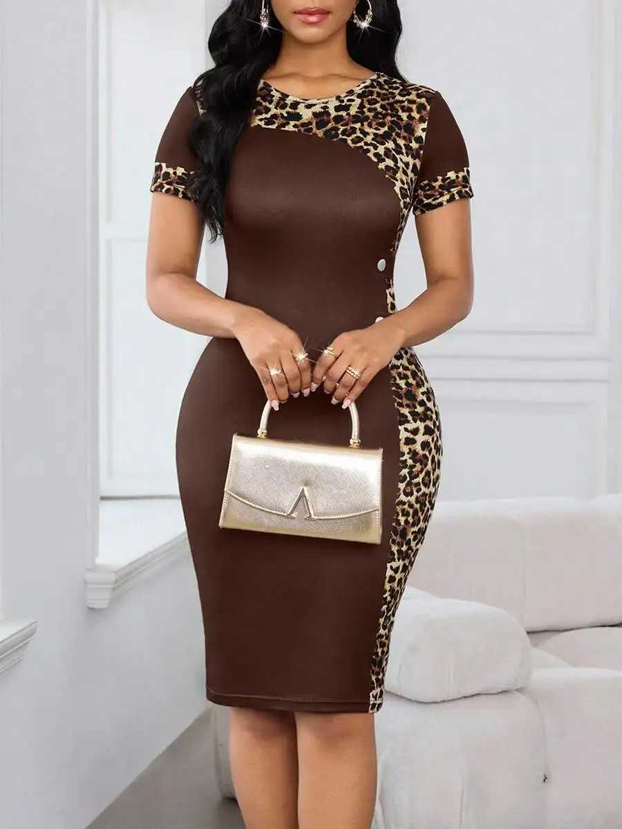 Brown Leopard Print Round Neck Fitted Midi Dress with Button DetailXJ260318