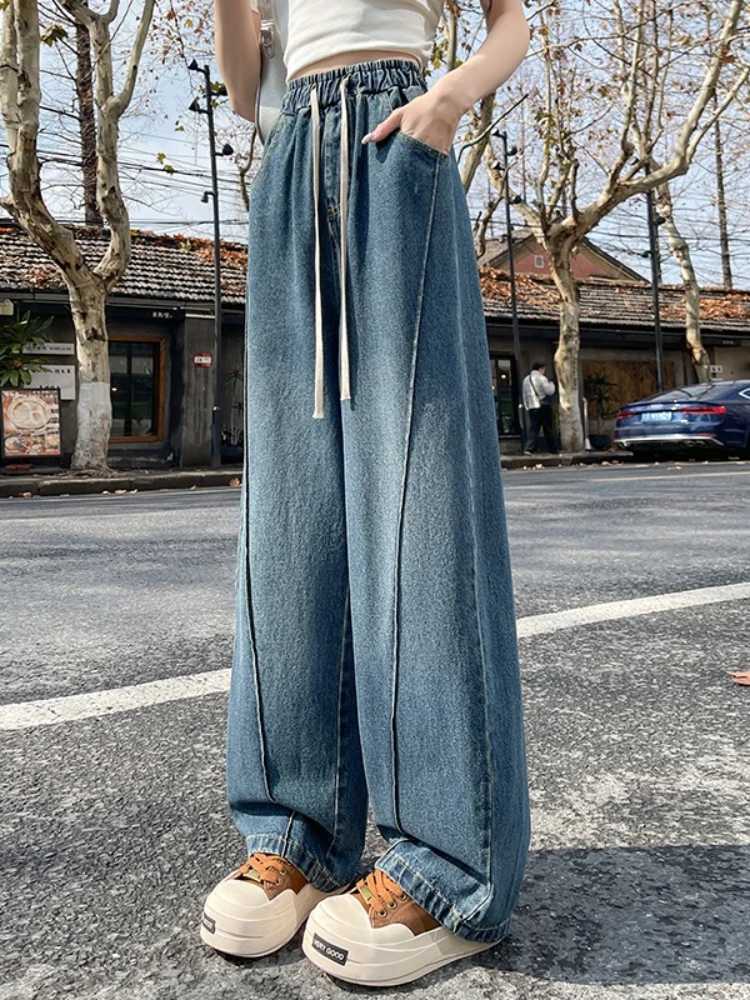 2026 Spring New Womens Trendy Wide Leg Jeans High Waist Slimming Drawstring Tie Elastic Waist Floor-Length Curved Sickle PantsT260317