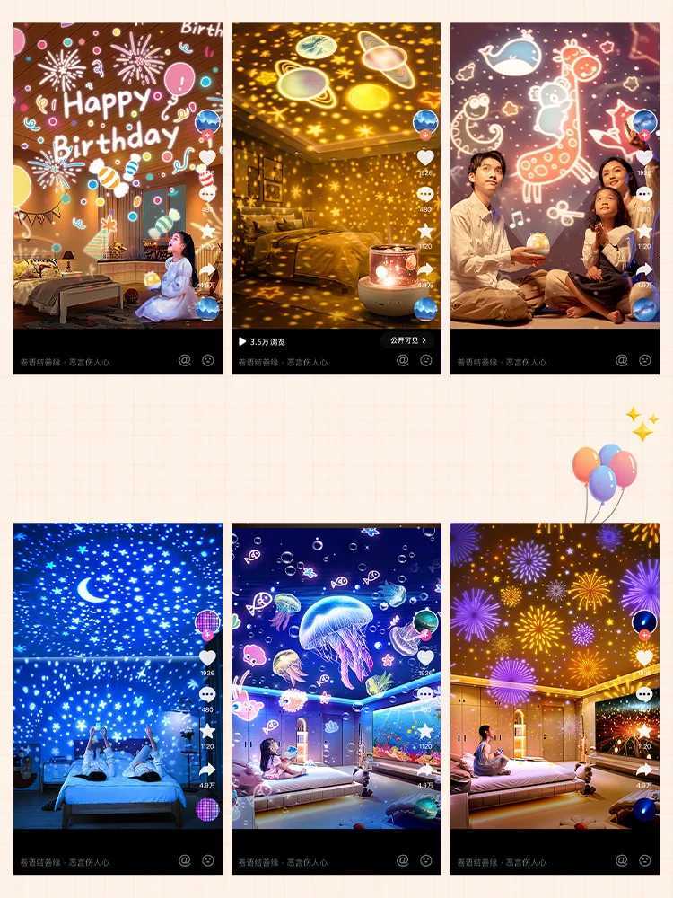 Star Light Projection Rotating Rechargeable Bedroom Ceiling Atmosphere Night Lamp Stars Childrens Birthday Gift with Films Sheet H260318