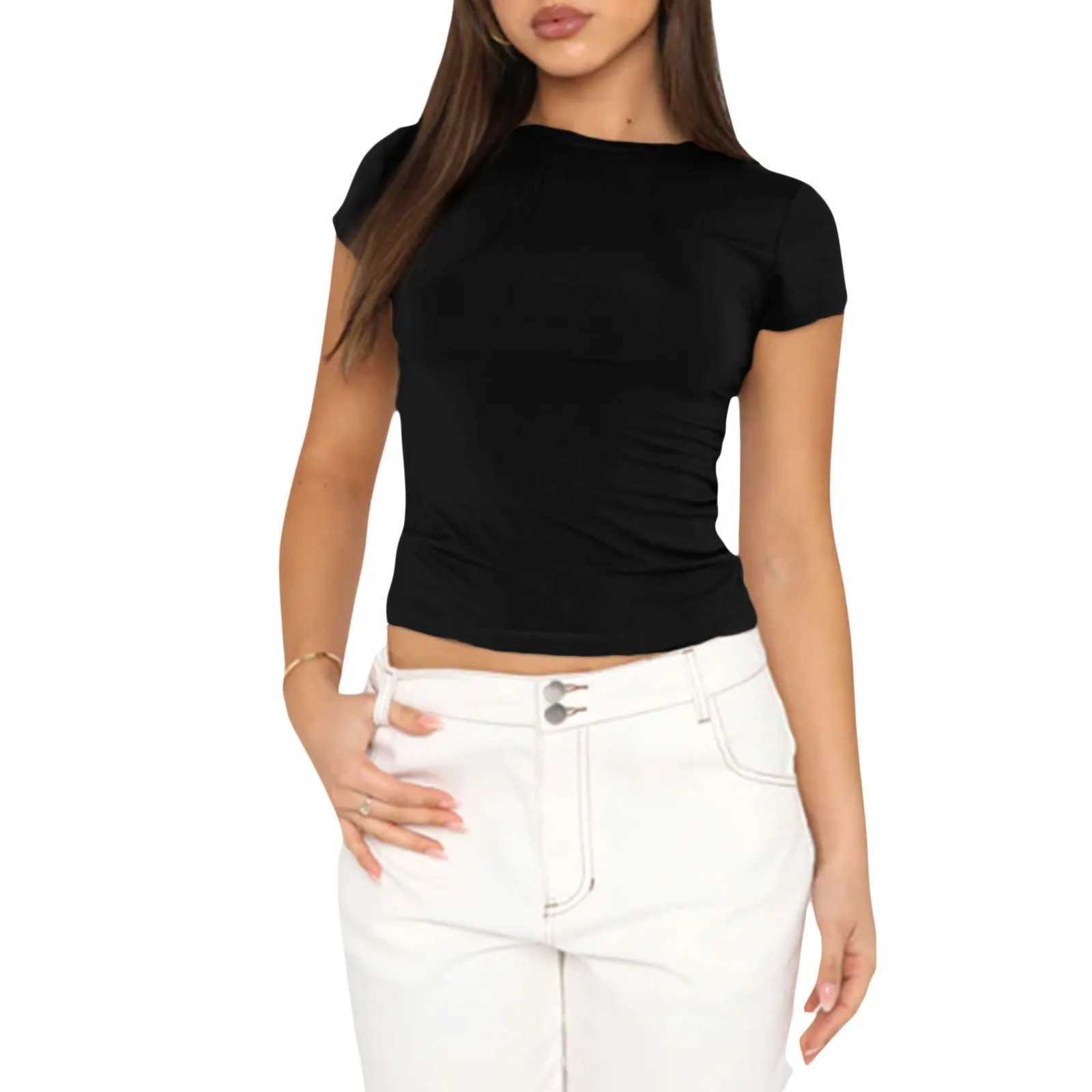 2025 New Summer Y2k Tops Womens Causal Basic T-Shirts Scoop Neck Short Sleeve Crop Tops Cute Slim Fit Tees Pullovers ClothingT260317