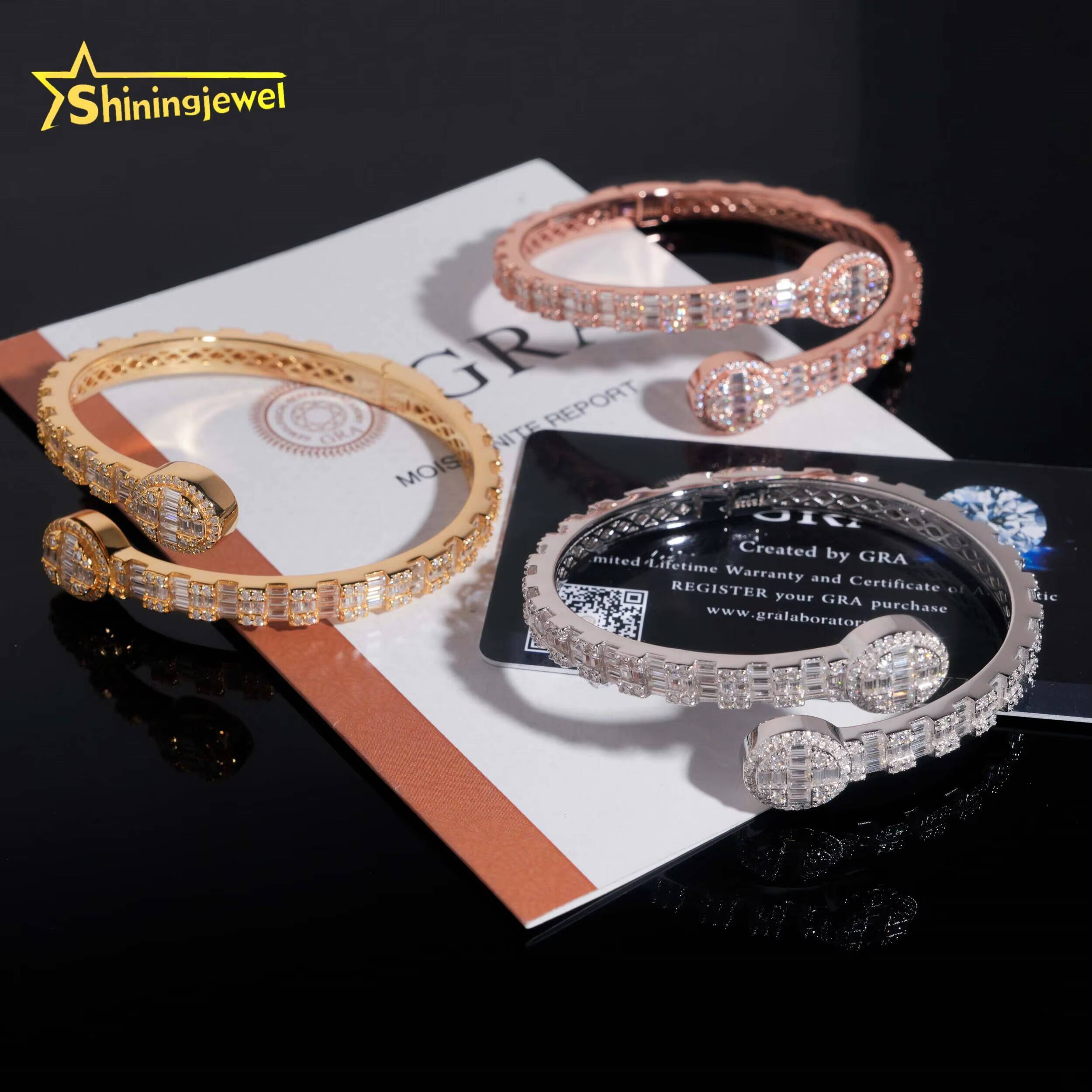 Pass Tester 925 Sterling Silver Hip Hop Jewelry Iced Out Baguette Moissanite Diamond Oval Shape Bracelet Bangle