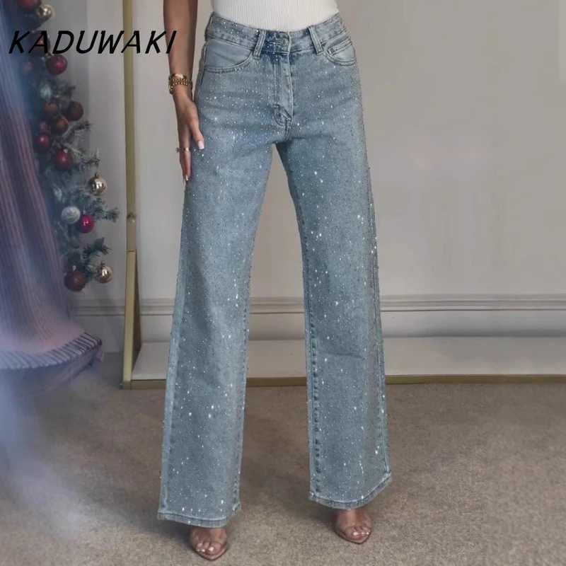KADUWAKI American Retro Women Diamonds Pants Stretch High Waist Washed Distressed Pockets Chic Denims Streetwear Female TrousersT260317
