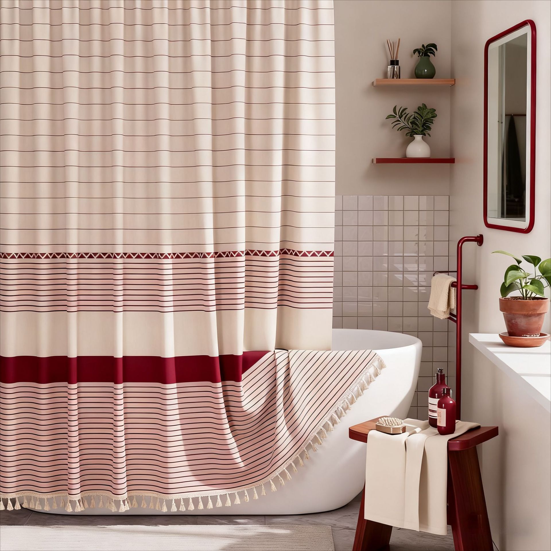 YL-38368 Printed Bamboo Striped Simple Tassel Bathroom Curtain, Waterproof and Thickened, Bathroom Partition Curtain