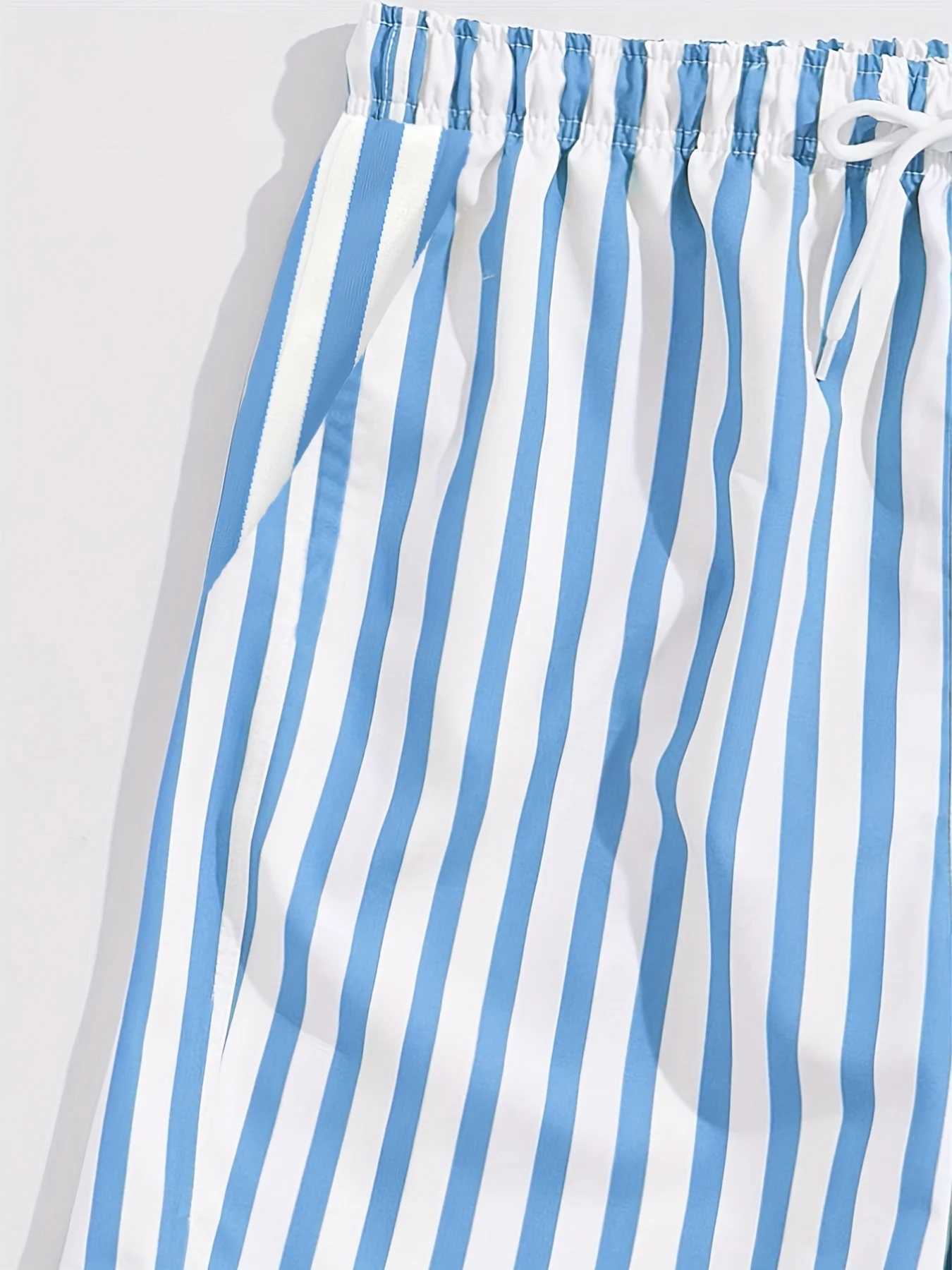 Mens Light Blue White Striped Swim Shorts with Elastic Drawstring Waist Breathable Quick-Dry Summer Outdoor Activities M260318