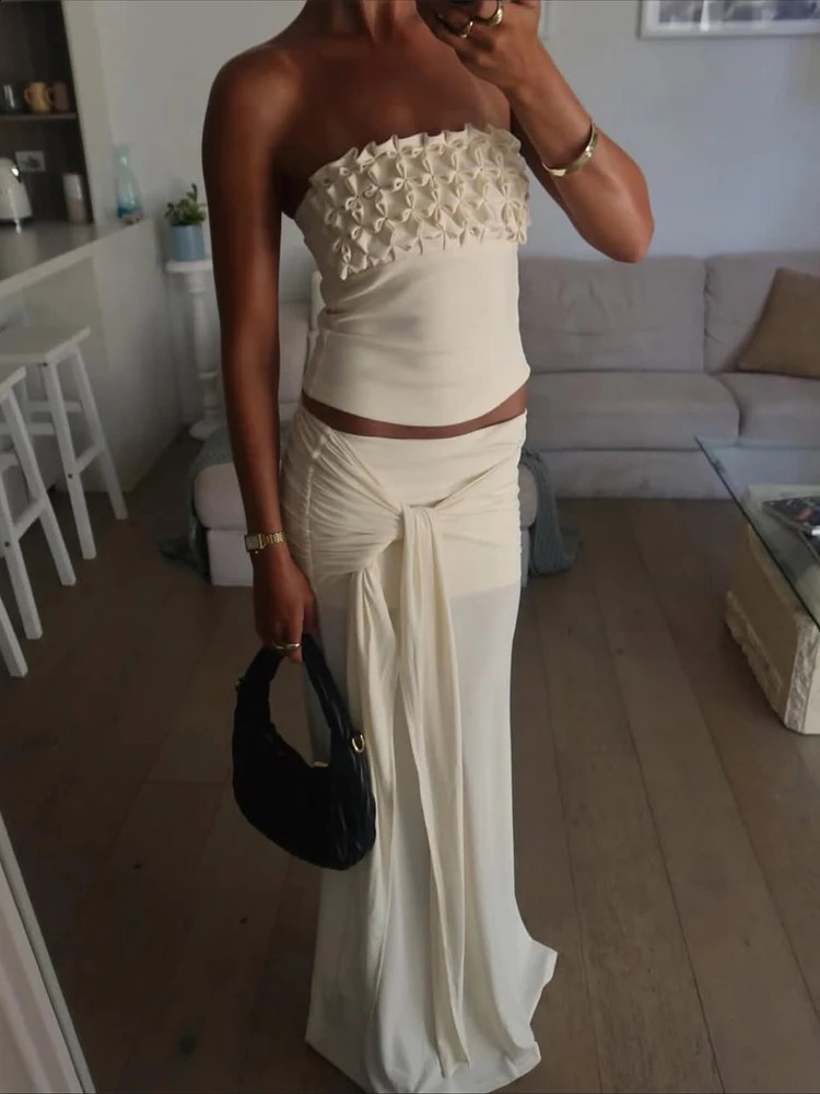 Sexy Strapless Pleated Long Skirt Set Women Chic Solid Off Shoulder Cropped Top Loose Skirts Suit Lady Vacation Beach Wear 260313