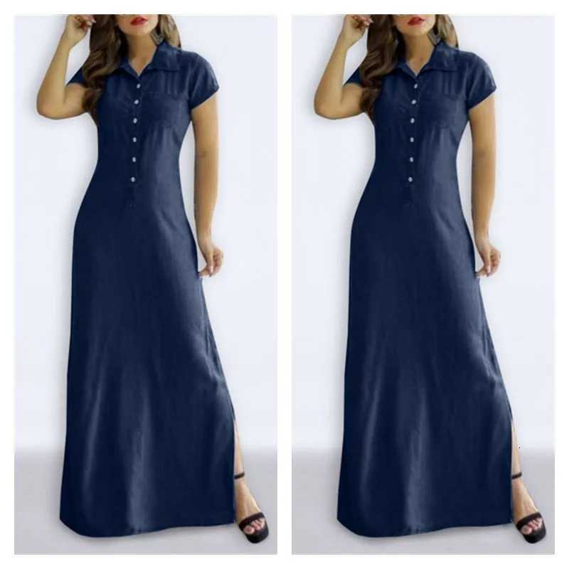 Europe And America Cross Border New Long Dress Shirt Collar Split Pocket Large Swing Dress Large Casual Denim DressXJ260318