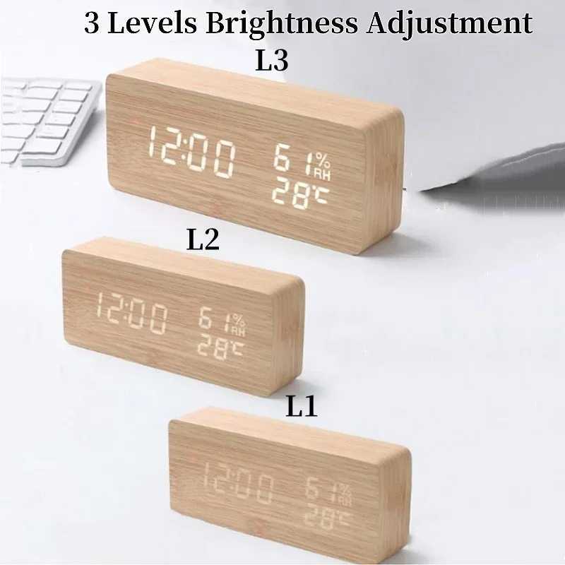 Voice Control Wood Digital Alarm Clock TEMP Humidity Date Night Mode Table Clock 3 Alarms Power Outage Memory 12/24H LED Clock D260318