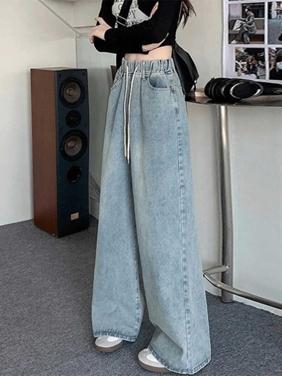Botvotee Elastic Waist High Waist Wide Leg Jeans for Women Loose Straight Blue Long Denim Pants Female Fashion Streetwear JeansT260317