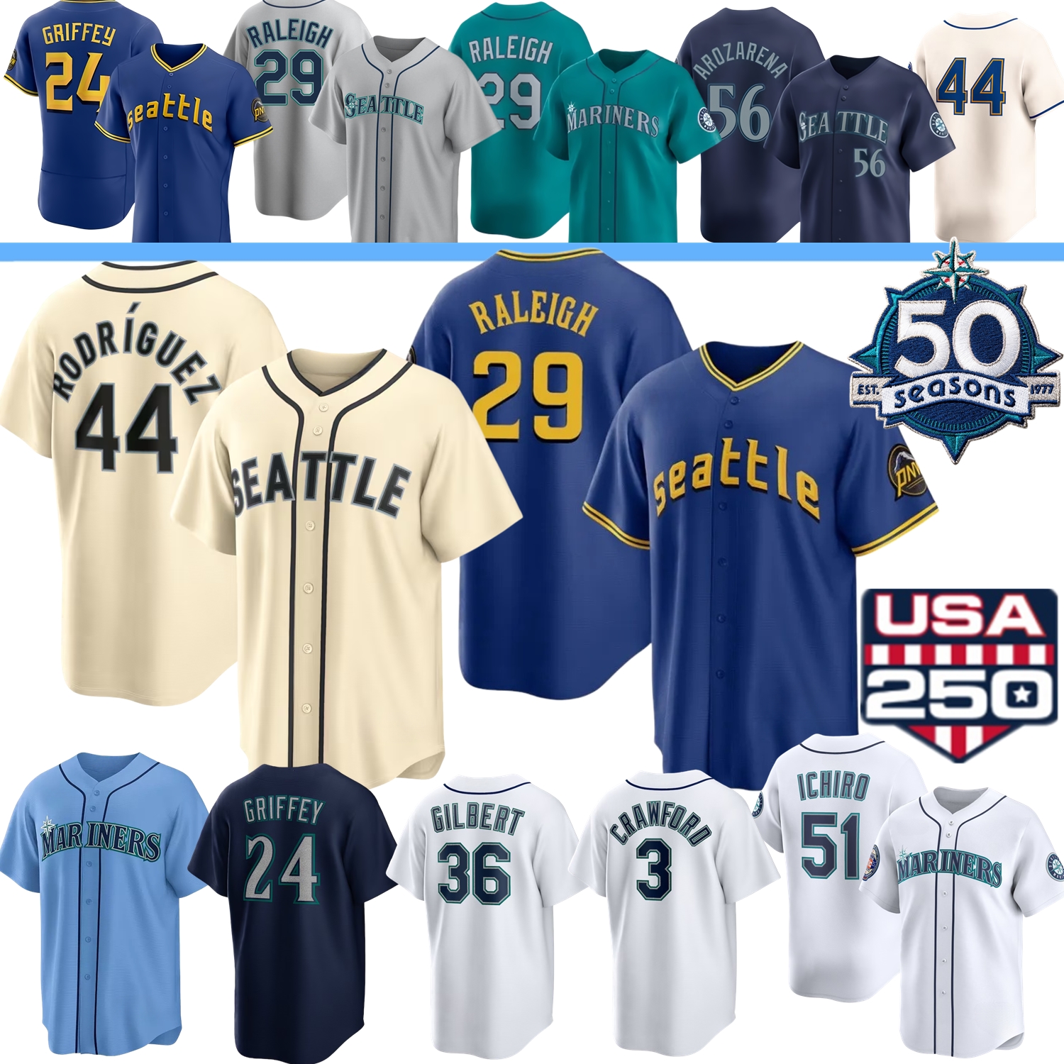 Mariners Baseball Jersey Julio Rodriguez Cal Raleigh Ken Griffey Randy Arozarena Emerson Logan Gilbert Castillo Kirby Young Montes Ichiro Suzuki Sloan Crawford
