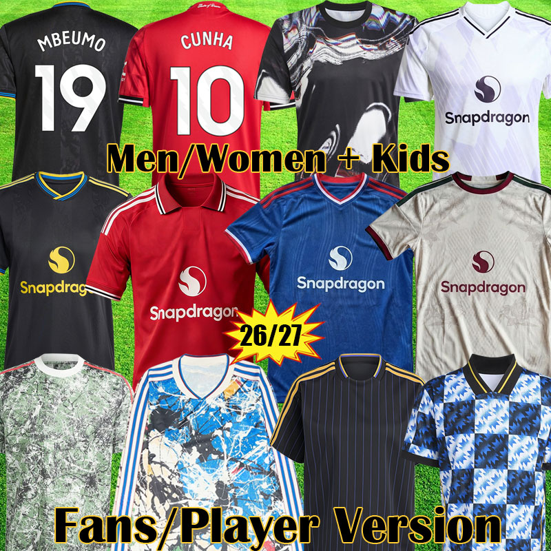 26 27 ManUniteds soccer jerseys Pre Match Fans Player FERNANDES Man RED football shirt Stone Roses Lifestyle MUTDES Icons Shirts CUNHA kit kids 2025 Lucky Knot set 999