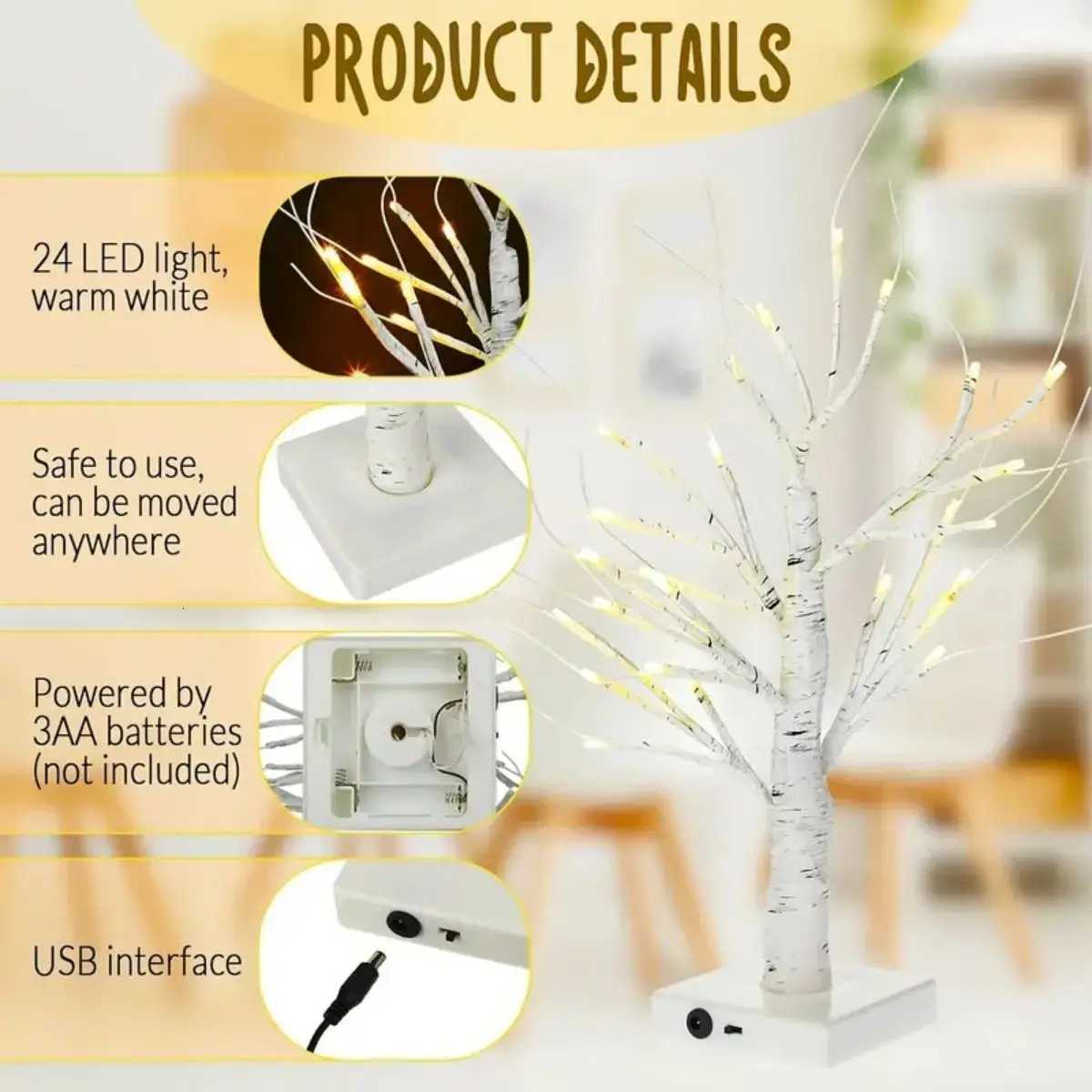 1pc 24 LED Easter tree birch tree adjustable branches 3AA and USB power supply bedroom decorative tree light without battery H260318