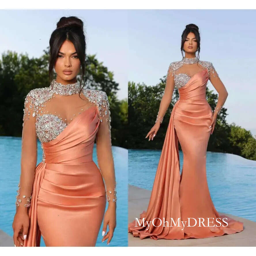 Peach Elegant Black Purple Mermaid Evening Dresses High Neck Sheer Appliques Beads Illusion Long Sleeve Pleats Ruffles Formal Ocn Prom Gowns BC D0318