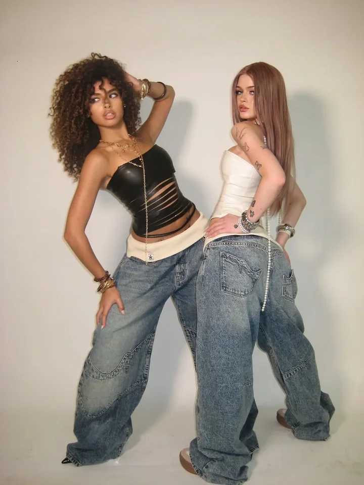 Joker Y2K Hip-Hop Retro Jeans Female Korean Casual Wide-Leg Pants Loose Fit Stitching Fashion Essential OverallsT260317