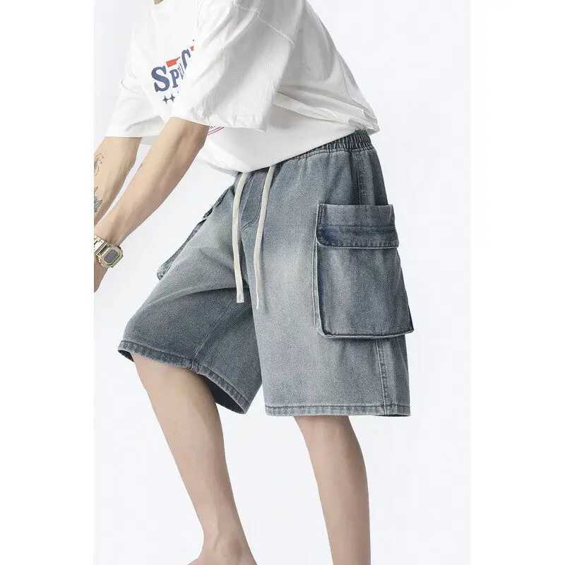 Mens Washed Denim Cargo Shorts Elastic Waistband Side Large Pockets Casual Summer Fashion Comfort Utility Workwear Street Style M260318
