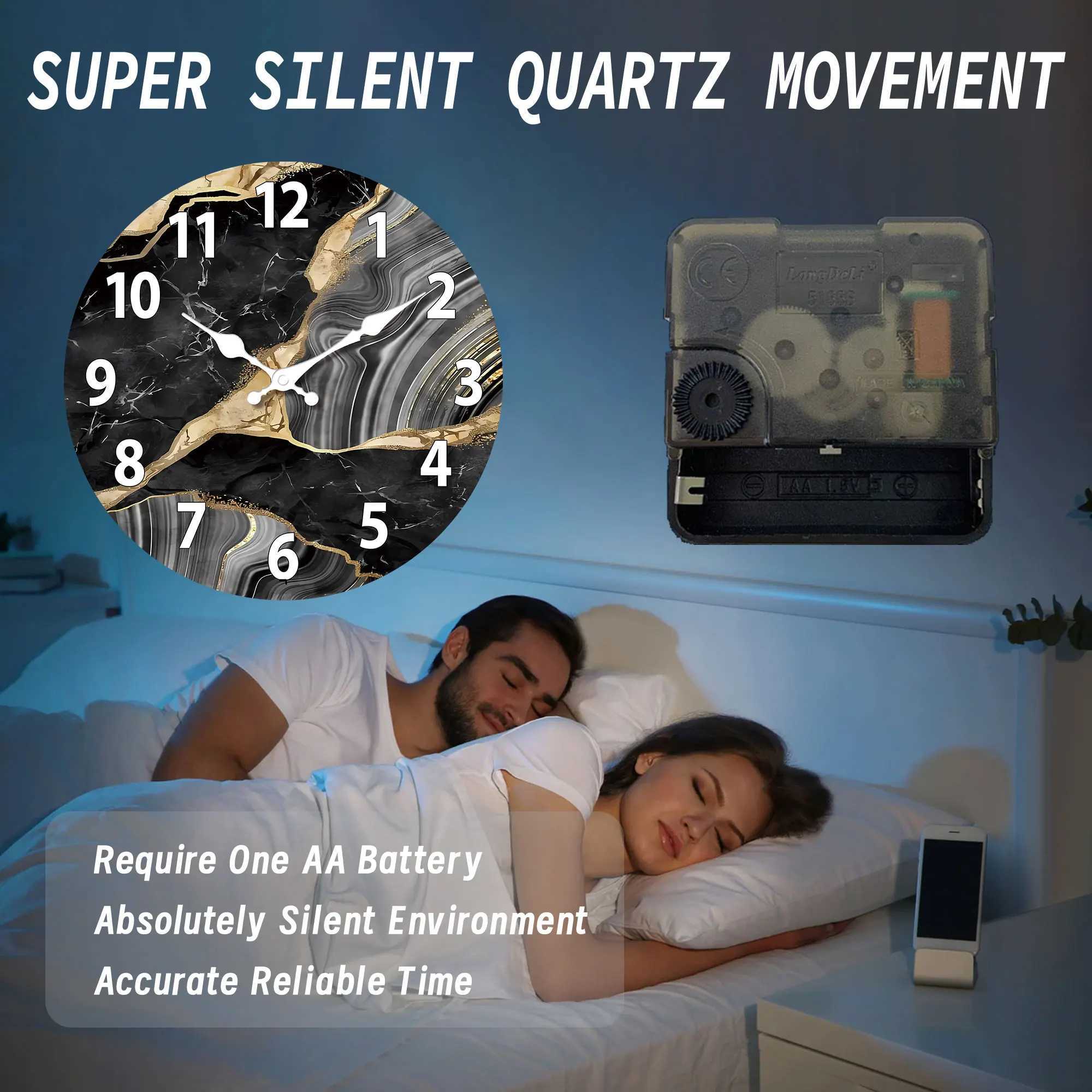 1pc round wooden wall clock modern simple marble texture pattern design wall clock silent clock suitable for living room din D260318