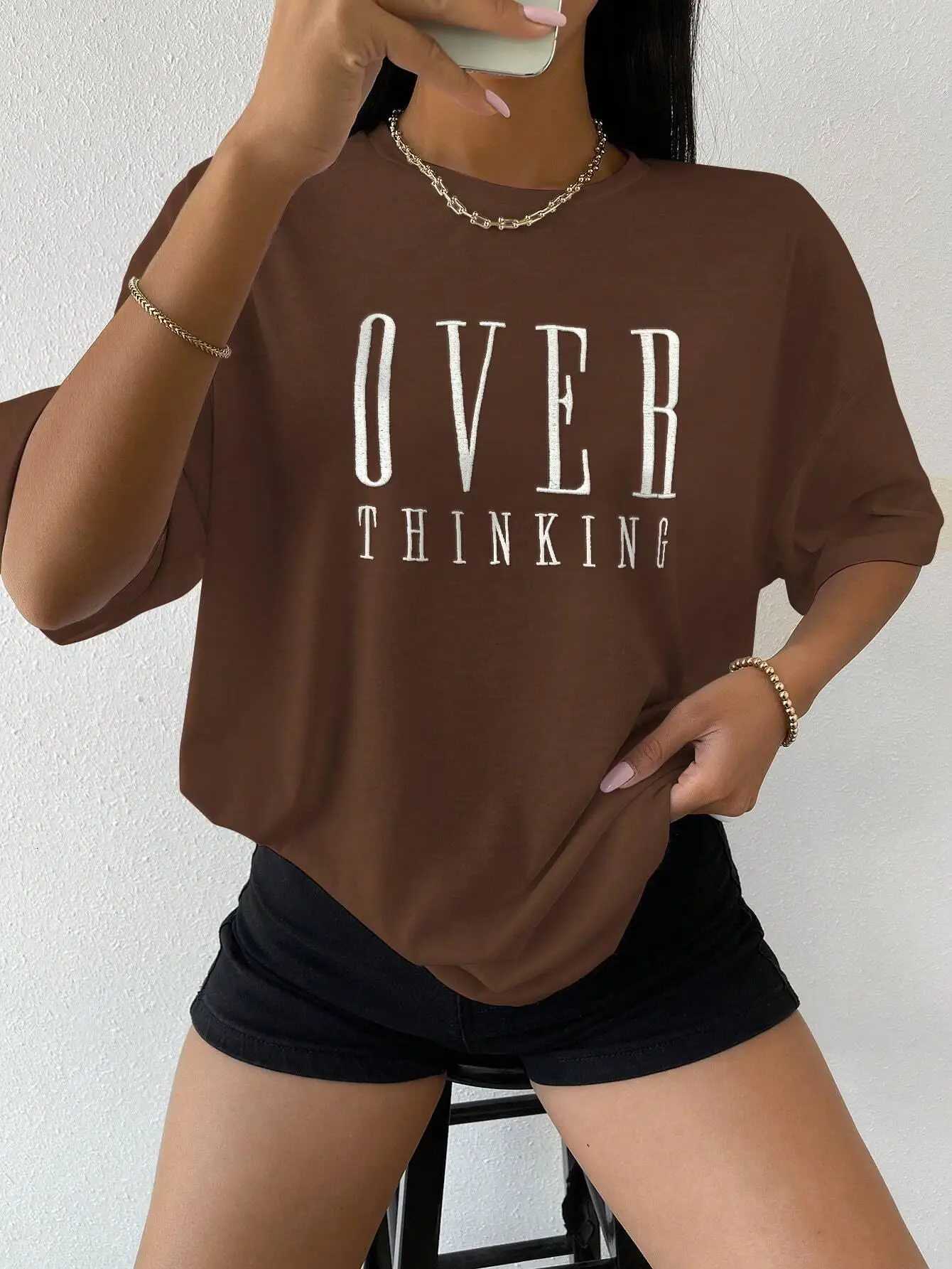 Over Thinking Letter Print Women Cotton Short Sleeve Breathable Vintage O-Neck Tops All-math Casual T-Shirts Female Tee ClothingT260317