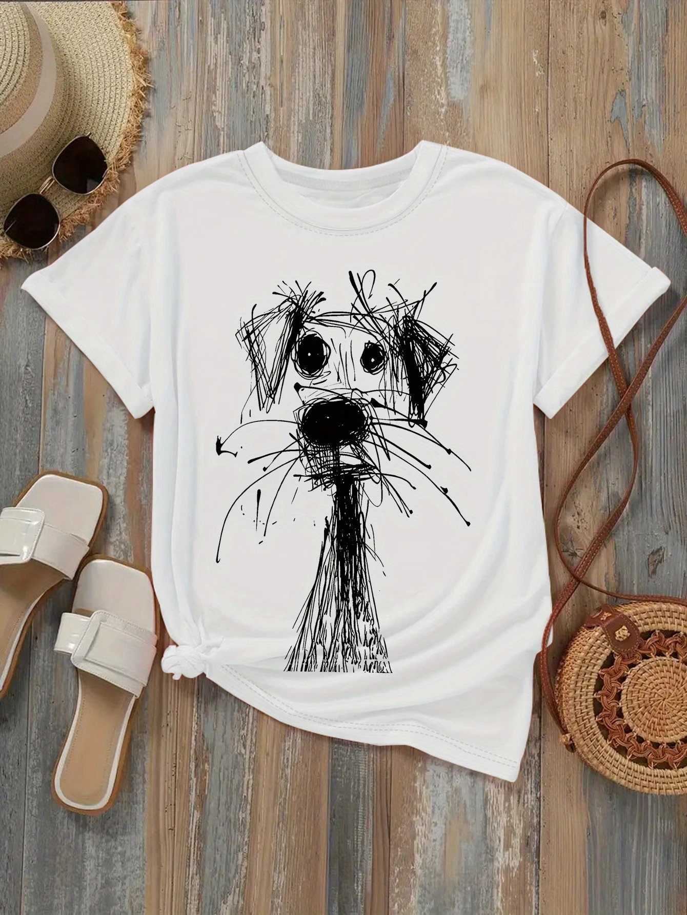 Womens Fashion Printed T-Shirt with Fun Dog Sketch Design Soft Round Neck Short Sleeve Casual Style for Daily Summer ClothingT260317