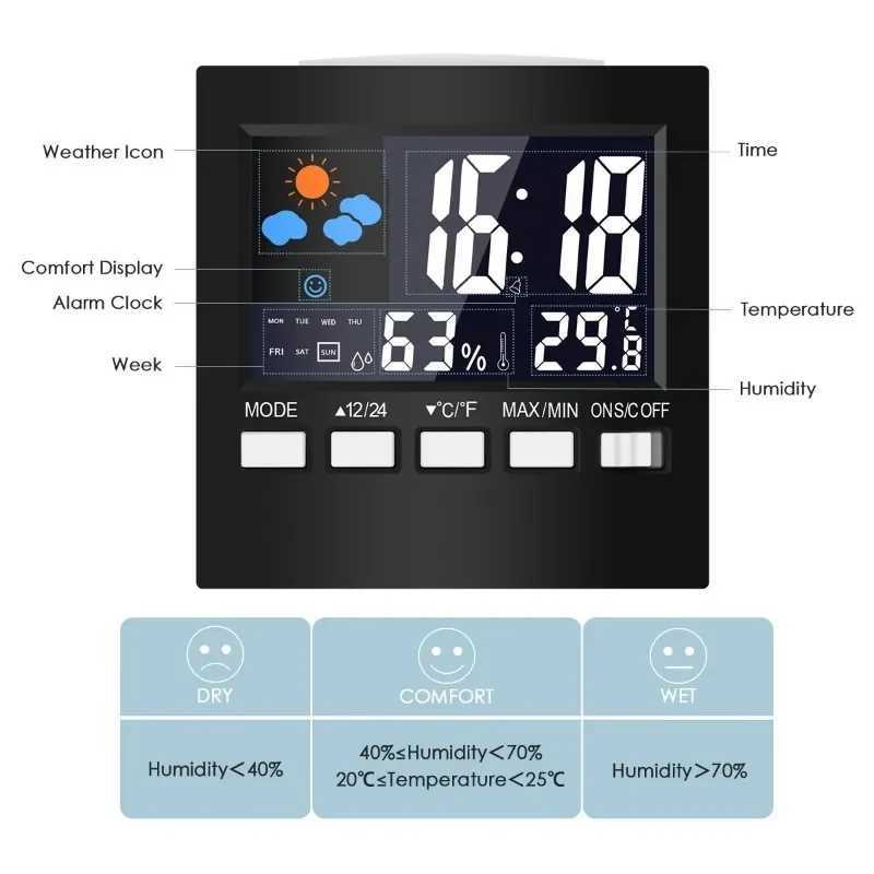 Multi-functional Weather Forecast Station LCD Screen Indoor Temperature Humidity Monitor with Alarm Clock Calendar Voice Control D260318
