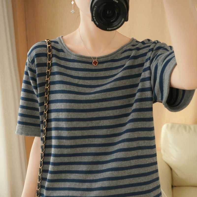 2026 Spring/Summer New Womens 100 Cotton Sweaters Round Neck Short Sleeve Striped T-Shirts Fashion Casual Outerwears PulloverT260317