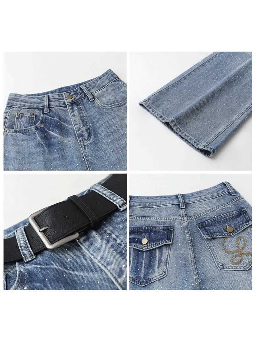 CHIC VEN Fashion Women Jeans Blue Loose New Design Hotfix Rhinestone Female Straight Leg Denim Pants Spring Autumn 2026T260317