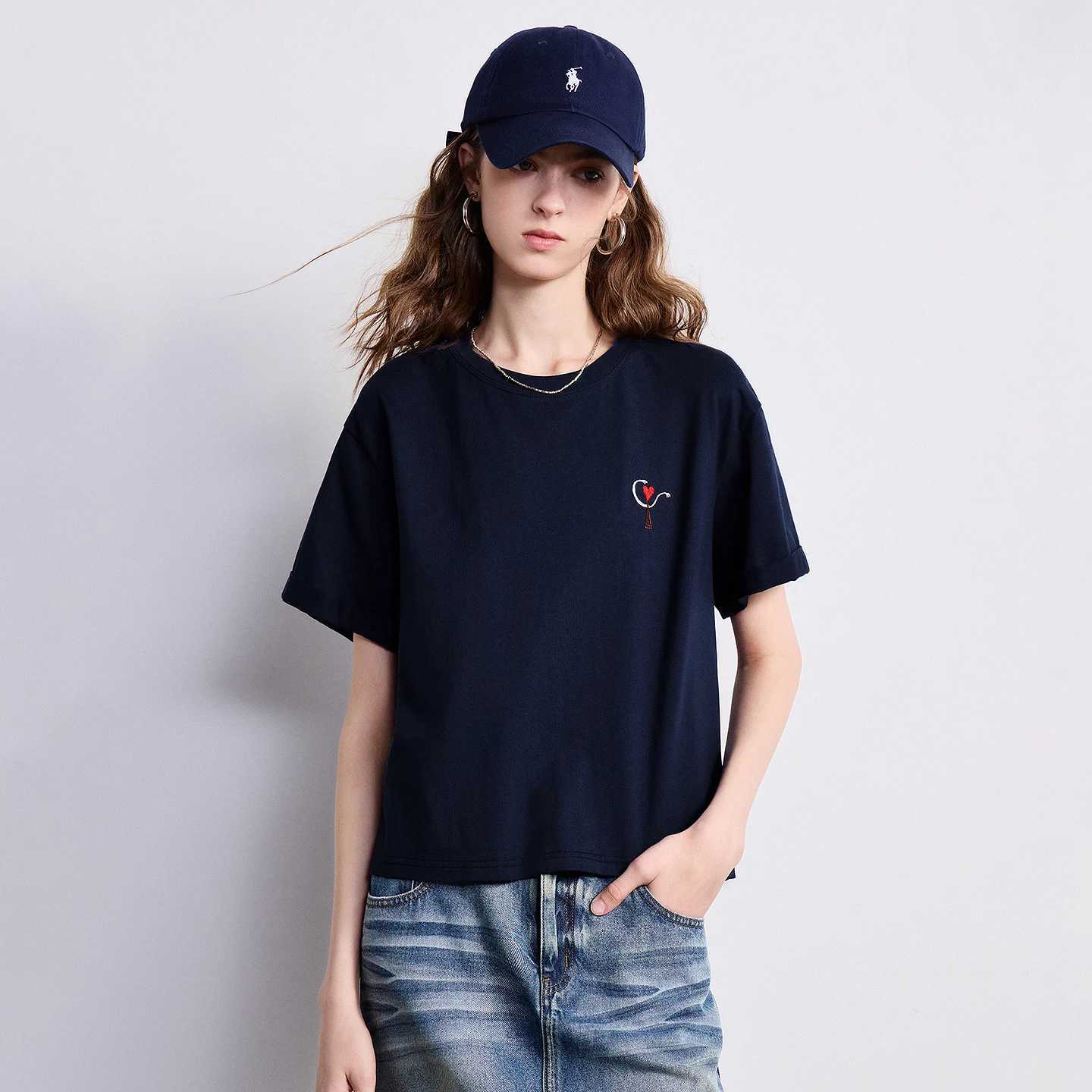TOYOUTH Women T-shirt 2026 Summer New Embroidered by a Pure Cotton Illustrator with Short Front and Long Back TopT260317