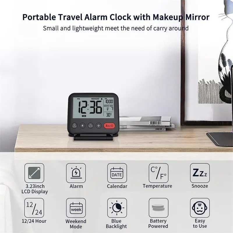 NOKLEAD Digital Travel Alarm Clock for Bedroom Office Small LCD Desk Clock with Backlight Date Temperature Snooze 12/24H Weekend D260318