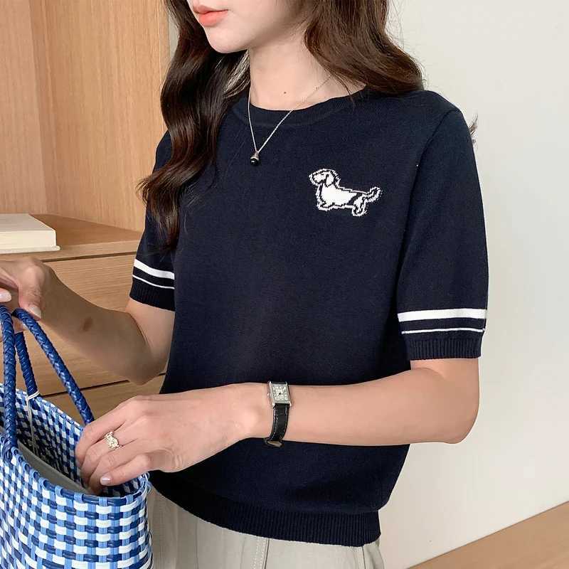 Womens T-Shirt Summer 100 Cotton Sweater Short Sleeve Knit Round Neck Ladies Top Loose Fashion Embroidery Tees Blouse PulloverT260317