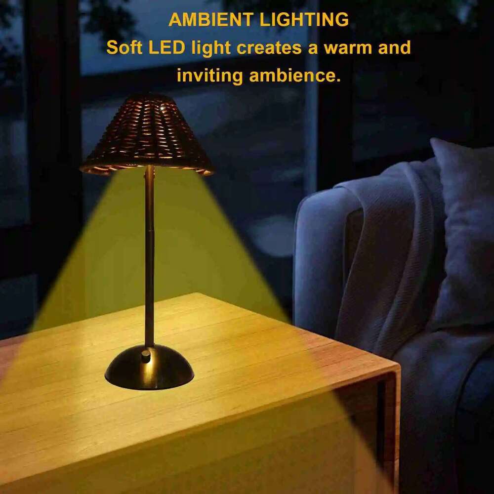Cordless Boho Table 2W PC Rattan Weaving Rechargeable Desk Lamp Energy Saving Eye Care 600mAh for Home Restaurant 26H0318