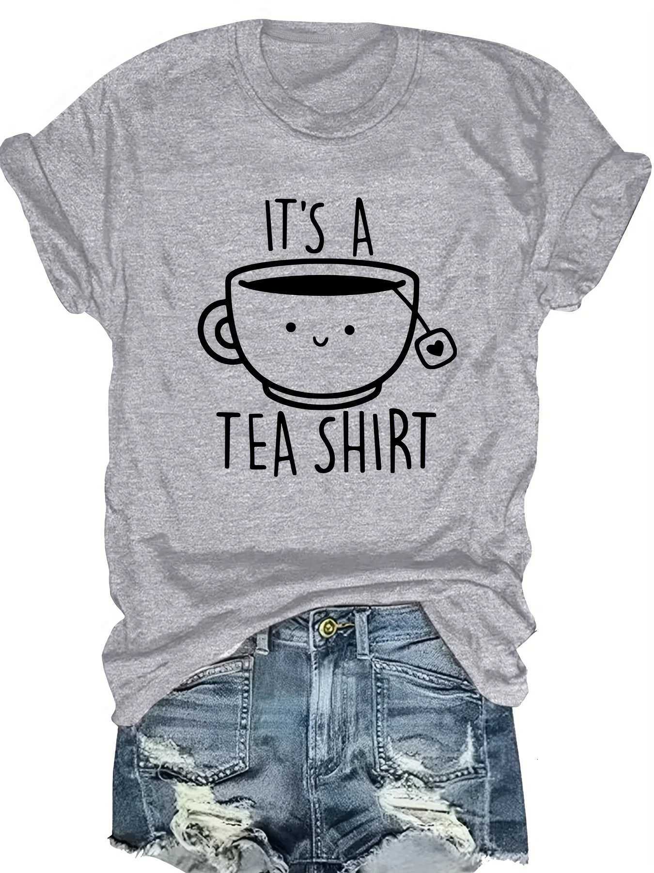 WomenS Casual Crew Neck T-Shirt Fashion Tee with Its A Tea Shirt Alphabet Cartoon Teacup Pattern Printed Summer ClothingT260317